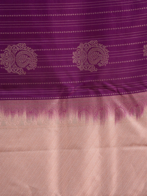 Purple pure Kanchipuram silk saree with peach zari contrast border and paisley zari buttas