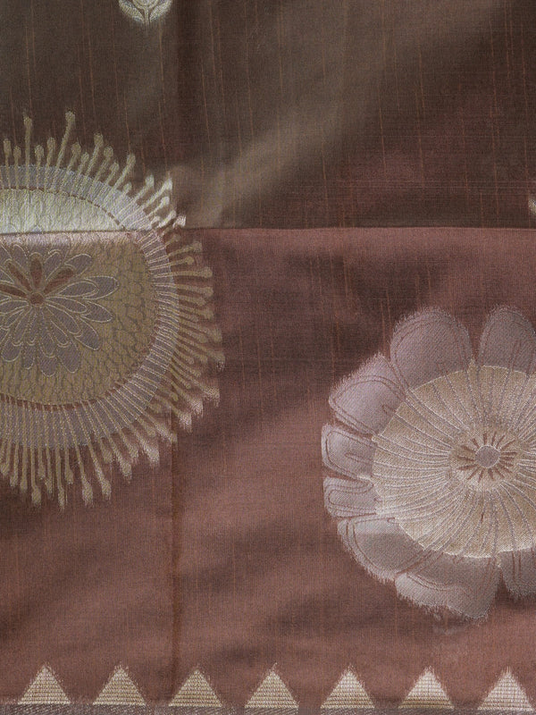Brown semi tussar saree with gold and silver zari buttas, temple border and floral medallion pallu