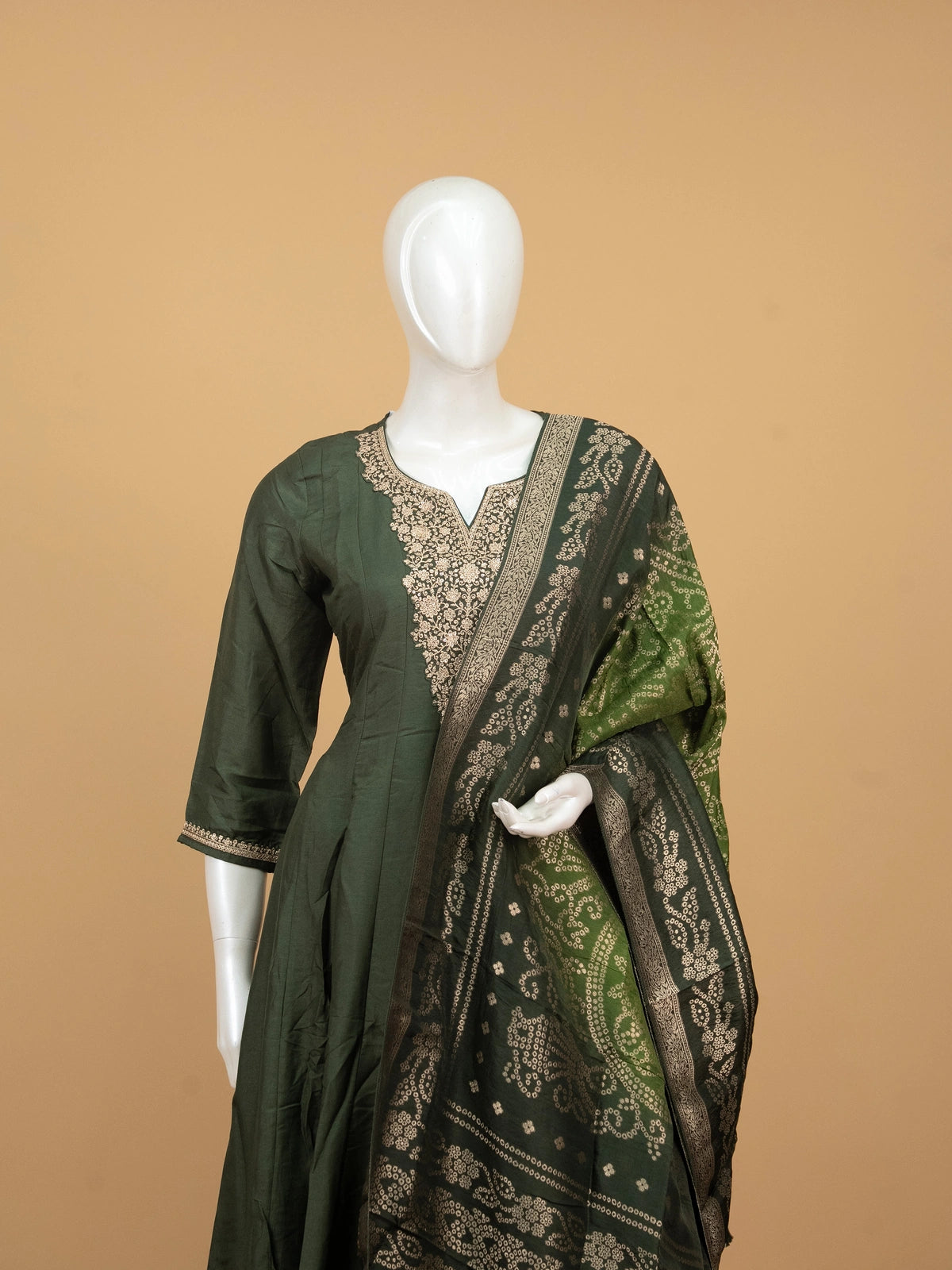 Bottle Green silk blend zari embroidered Anarkali kurti set with gold neckline and green gold dupatta