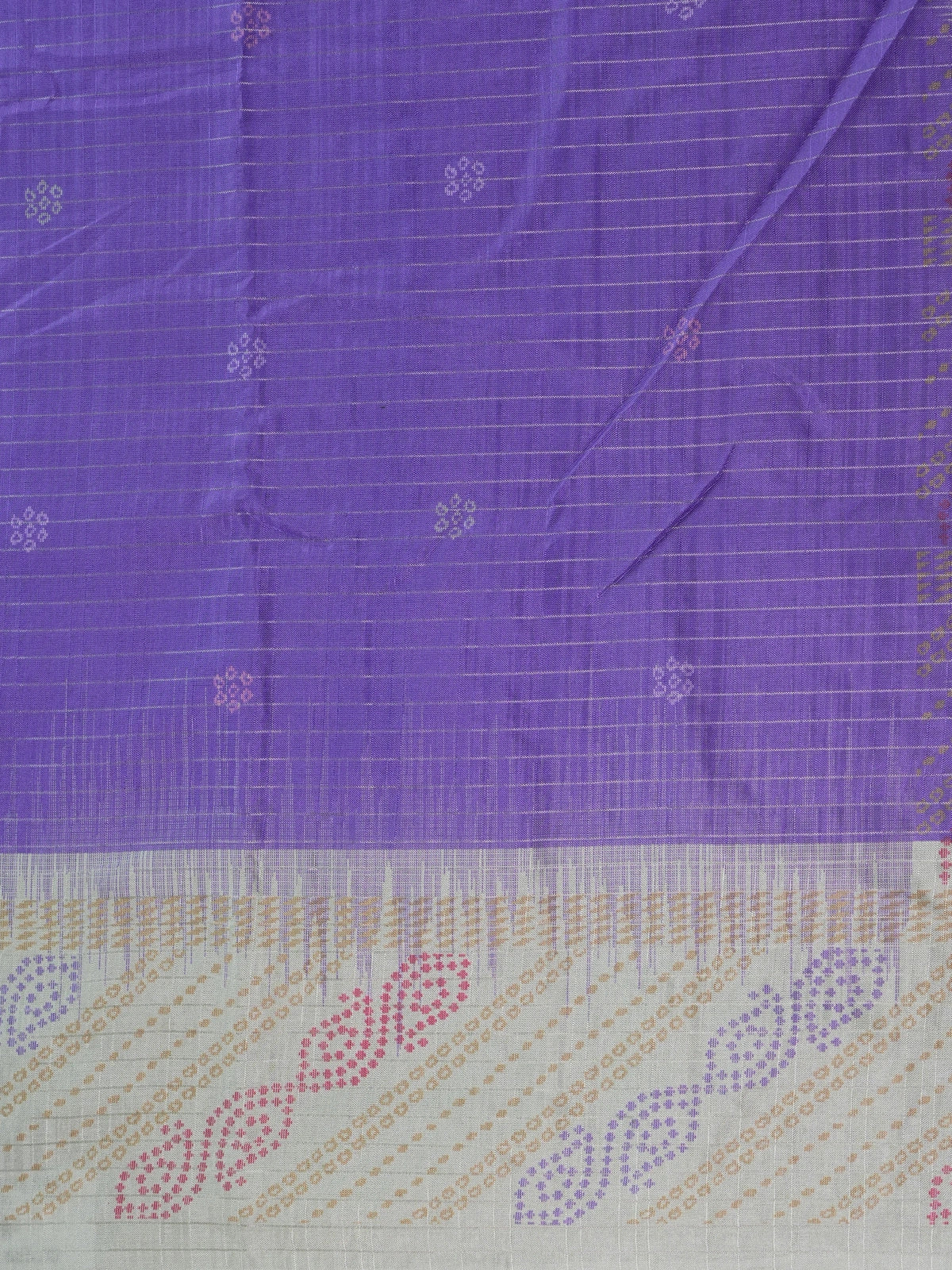 Purple Dola silk saree with contrast cream pallu, bandhani-style butta motifs and zari check border