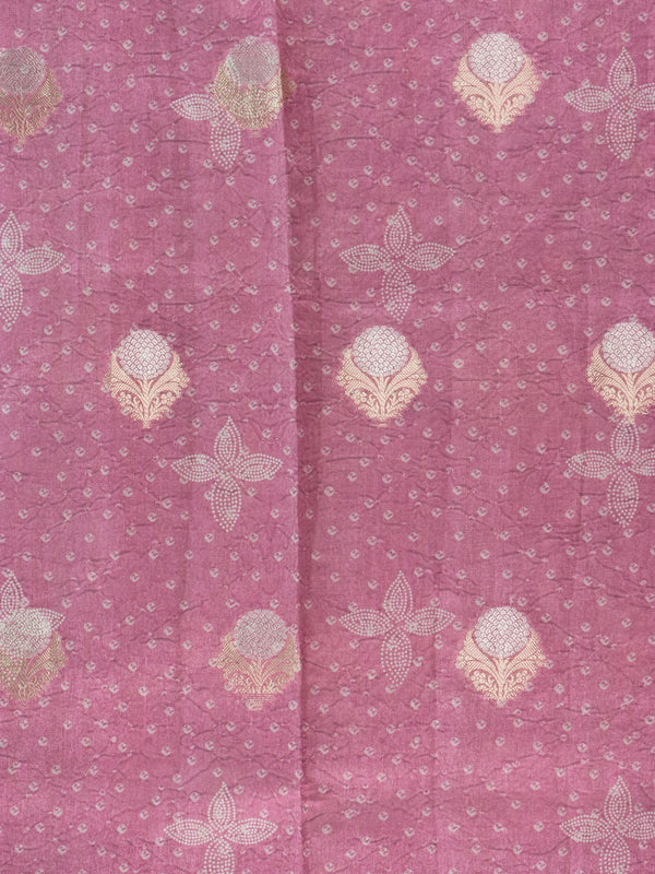 Rose pink designer saree with bandhani-effect texture, gold zari floral buttas and a zari tissue border