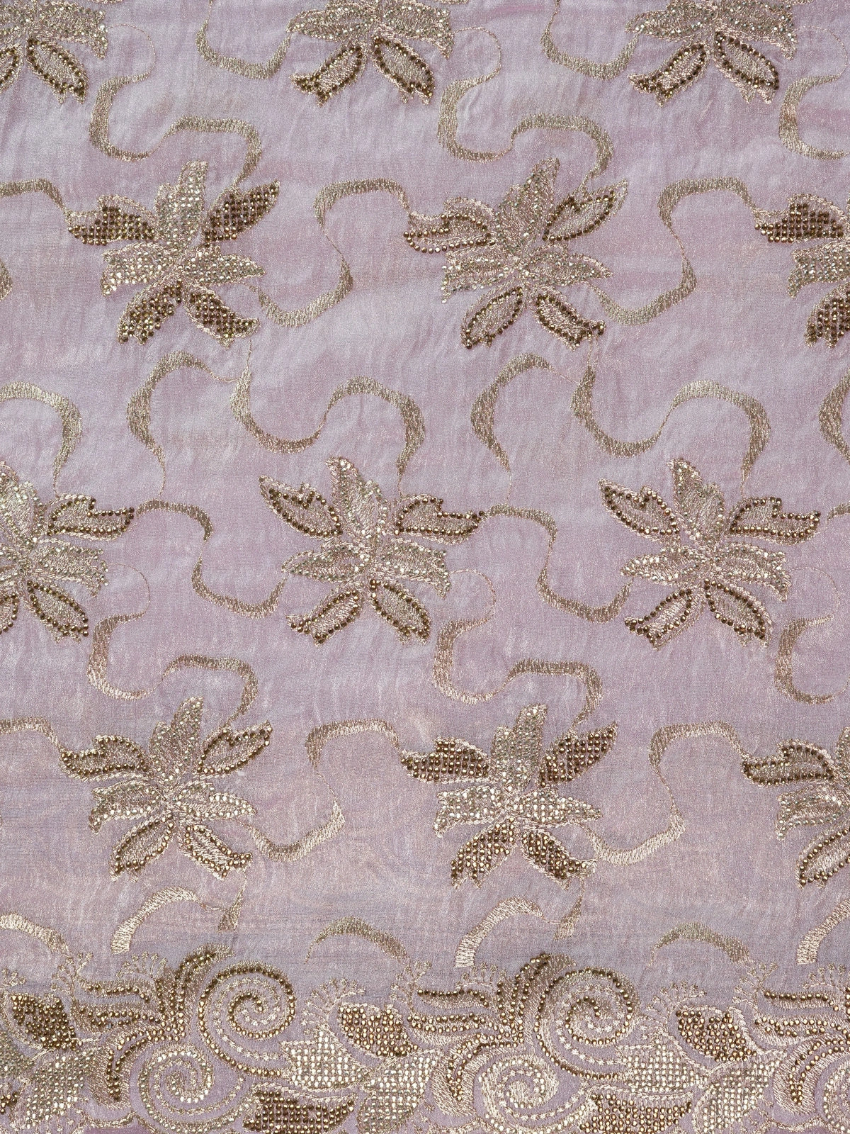 Lavender organza designer saree with gold floral zari and sequin embroidery and scrolled border