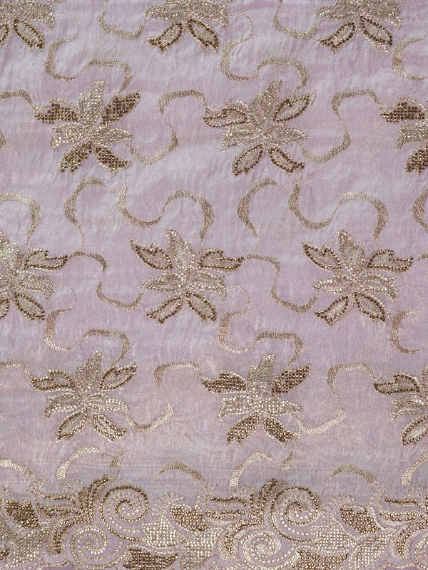 Lavender organza designer saree with gold floral zari and sequin embroidery and scrolled border