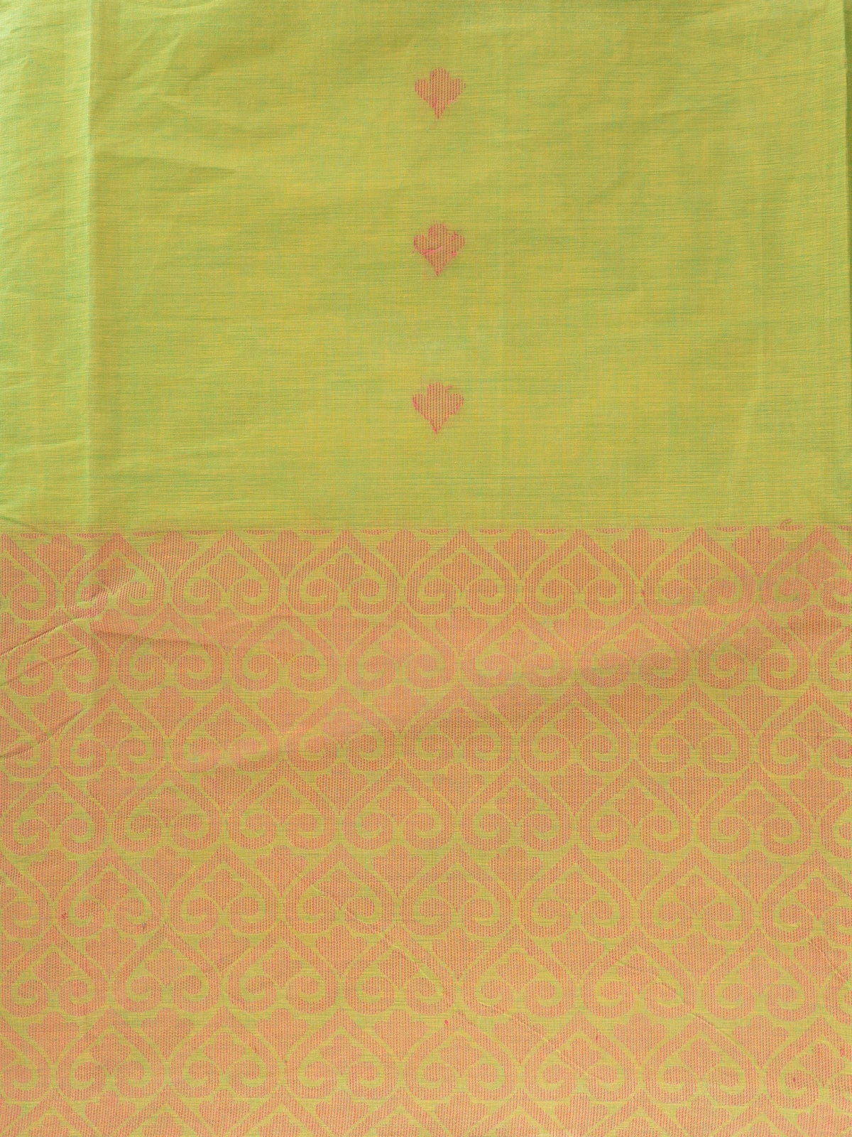 Parrot green silk cotton saree with coral pink contrast border, gold zari motifs, and woven paisley pallu