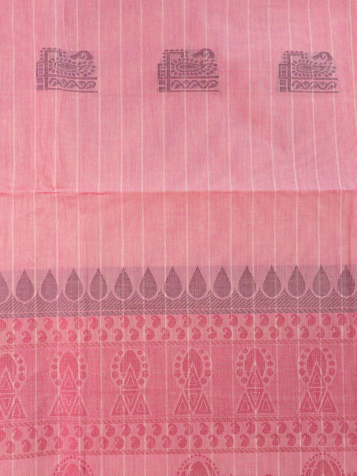 Pink semi raw silk saree with contrast rose border, gold zari and woven pallu motifs