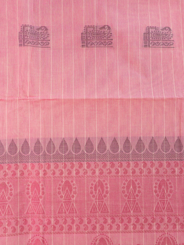 Pink semi raw silk saree with contrast rose border, gold zari and woven pallu motifs