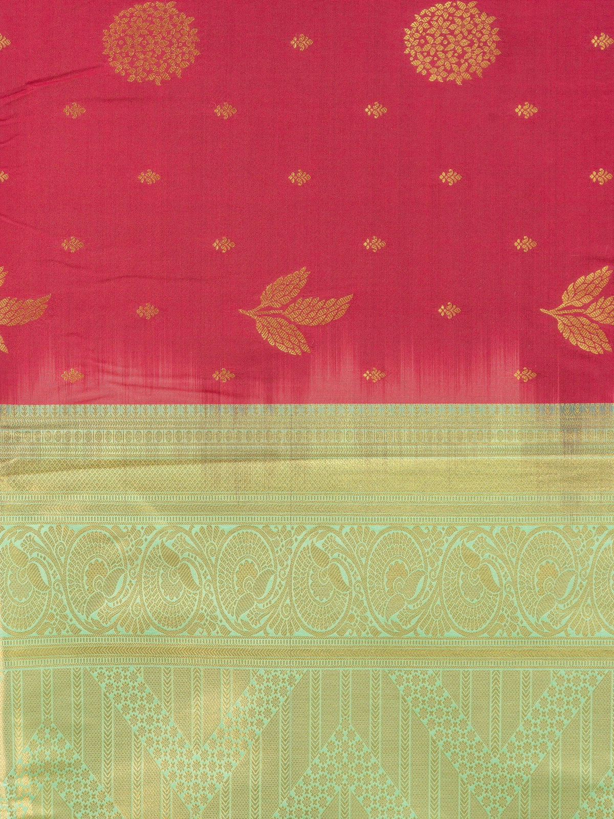 Maroon semi silk saree with gold zari buttas and contrast green zari border and pallu