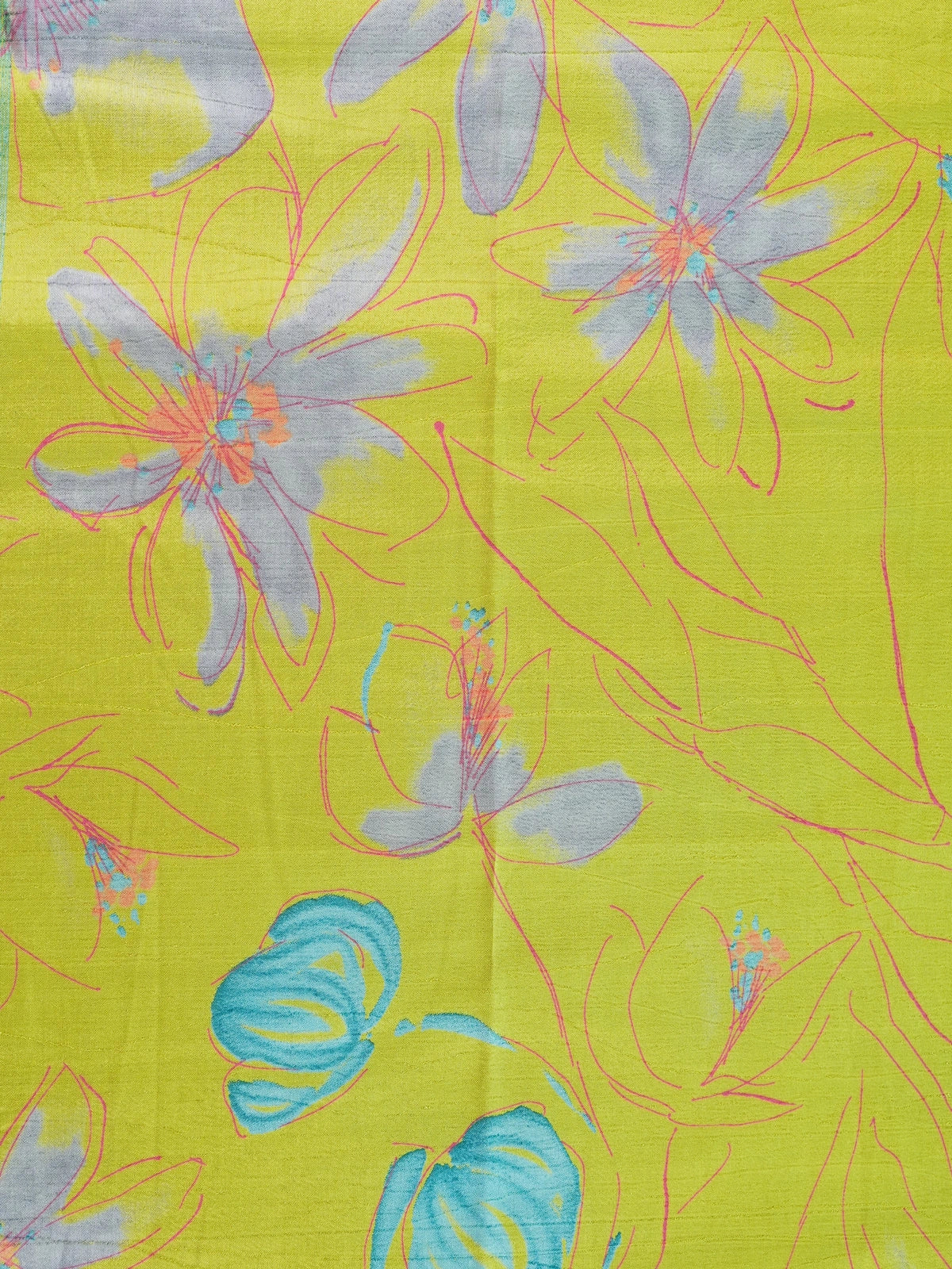 Lime green Dola silk saree with turquoise blue contrast border, silver zari and floral print
