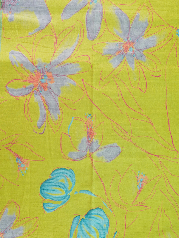 Lime green Dola silk saree with turquoise blue contrast border, silver zari and floral print