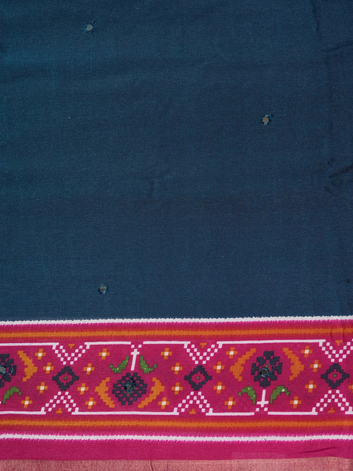 Navy blue linen cotton saree with contrast magenta Patola-style ikat border and pallu