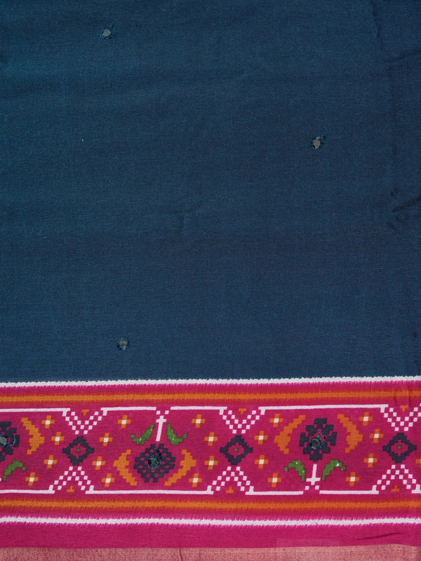 Navy blue linen cotton saree with contrast magenta Patola-style ikat border and pallu