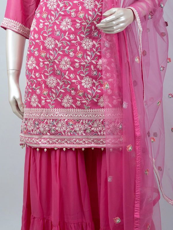 Pink floral embroidered georgette straight cut kurti set with sharara and net dupatta