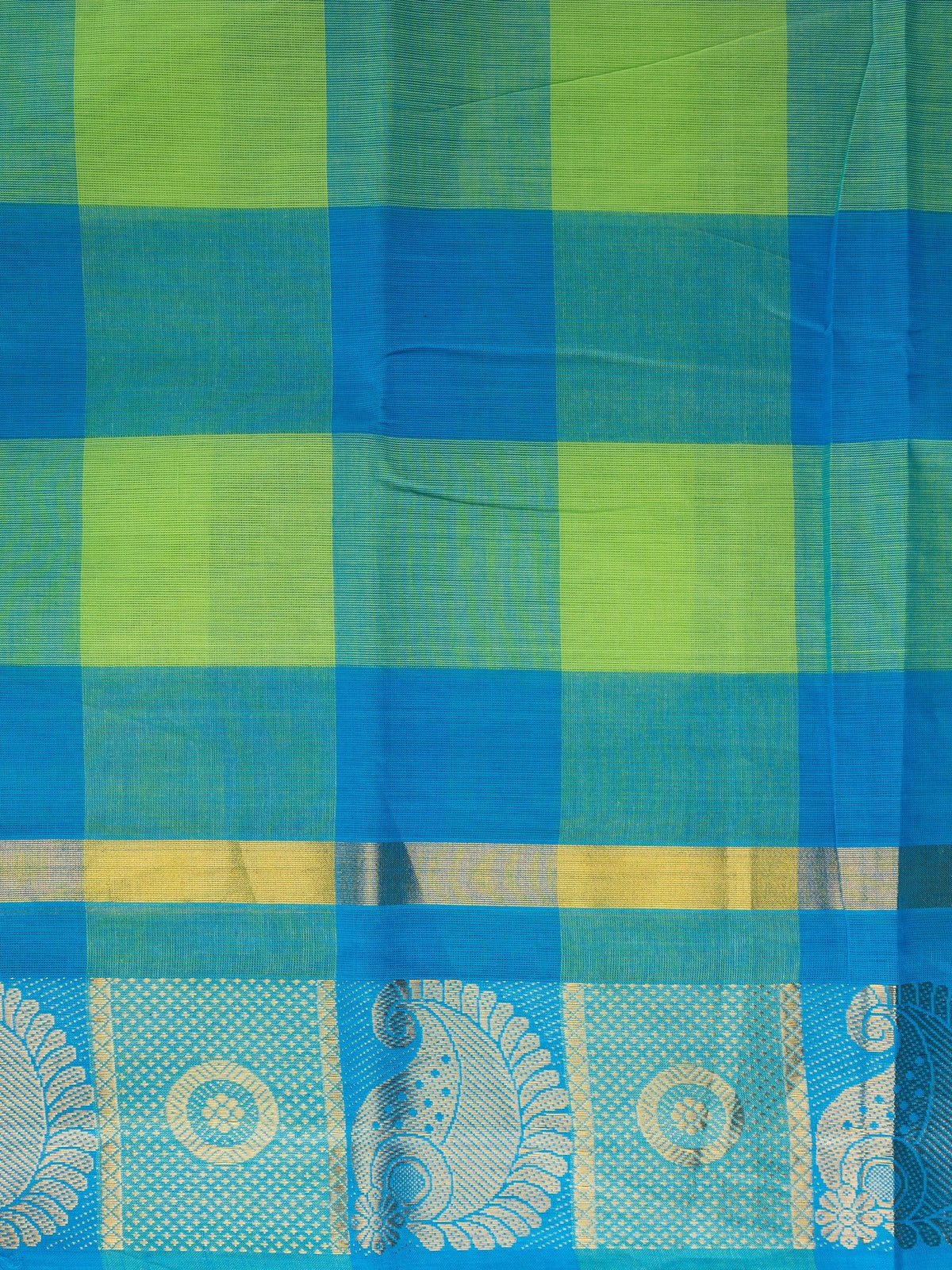 Blue and green checked Chettinad cotton saree with contrast gold zari paisley border