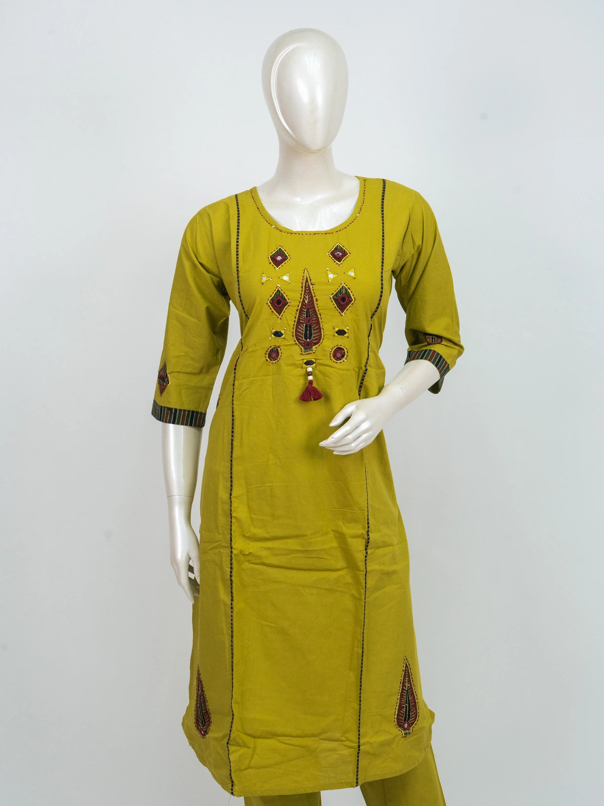 Mustard Green Cotton Mirror Work Straight Cut Kurti Set with dark green block-print dupatta