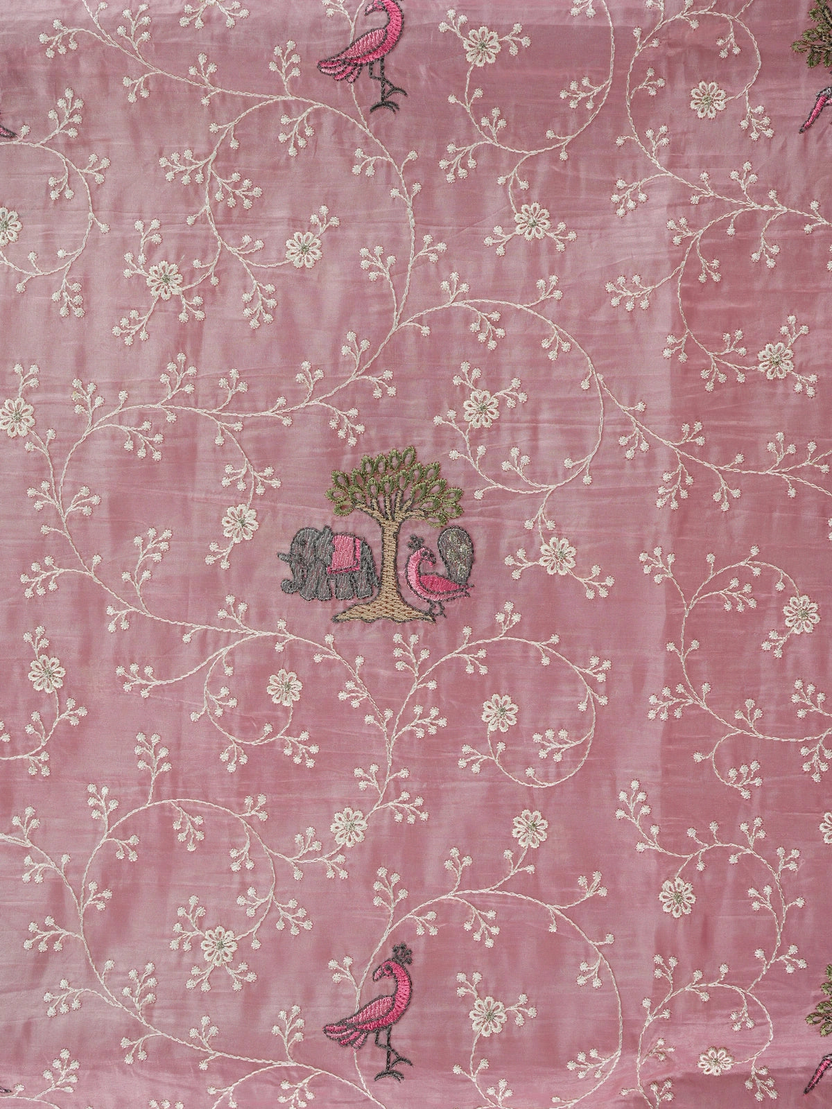 Pastel pink embroidered designer saree with floral jaal, bird and elephant motifs and pom-pom border