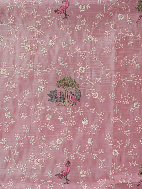 Pastel pink embroidered designer saree with floral jaal, bird and elephant motifs and pom-pom border