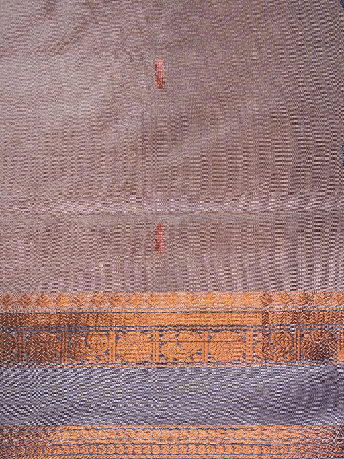 Mauve banana silk saree with navy blue copper zari border and pallu