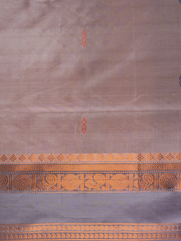 Mauve banana silk saree with navy blue copper zari border and pallu