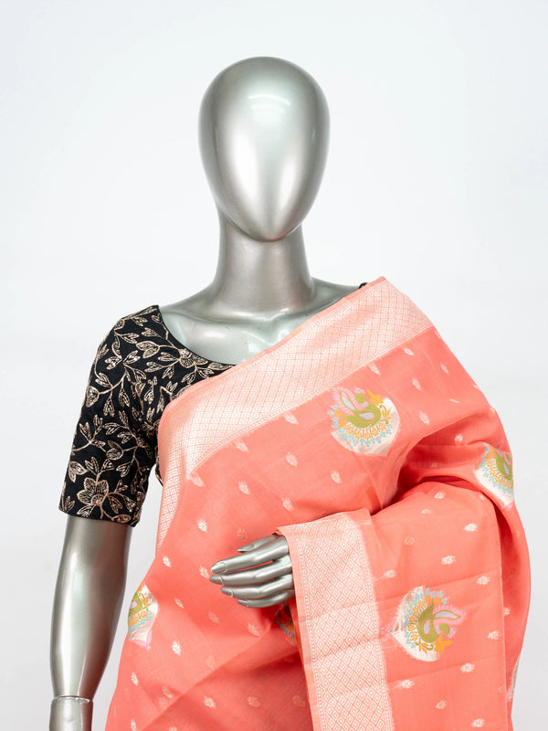 Peach linen cotton saree with silver zari border, peacock motifs and floral zari pallu