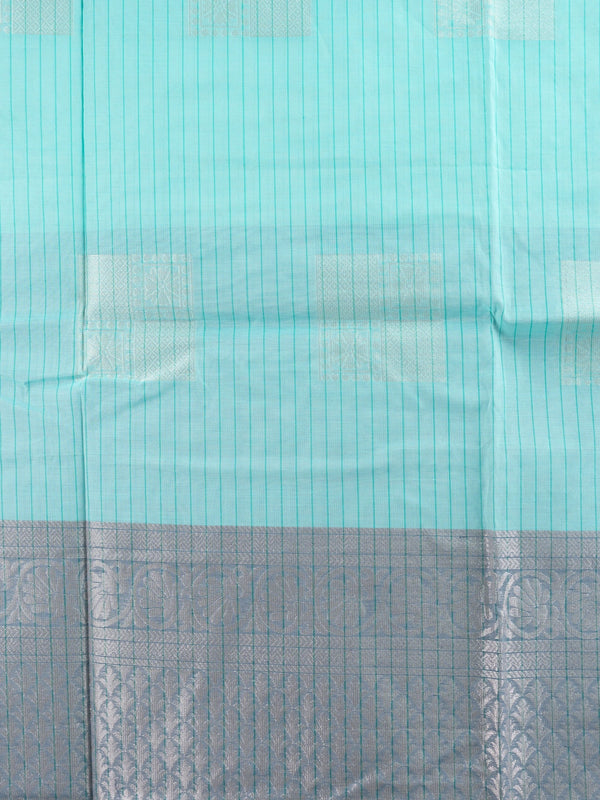 Aqua blue silk cotton saree with silver zari buttas and contrast grey-blue zari border