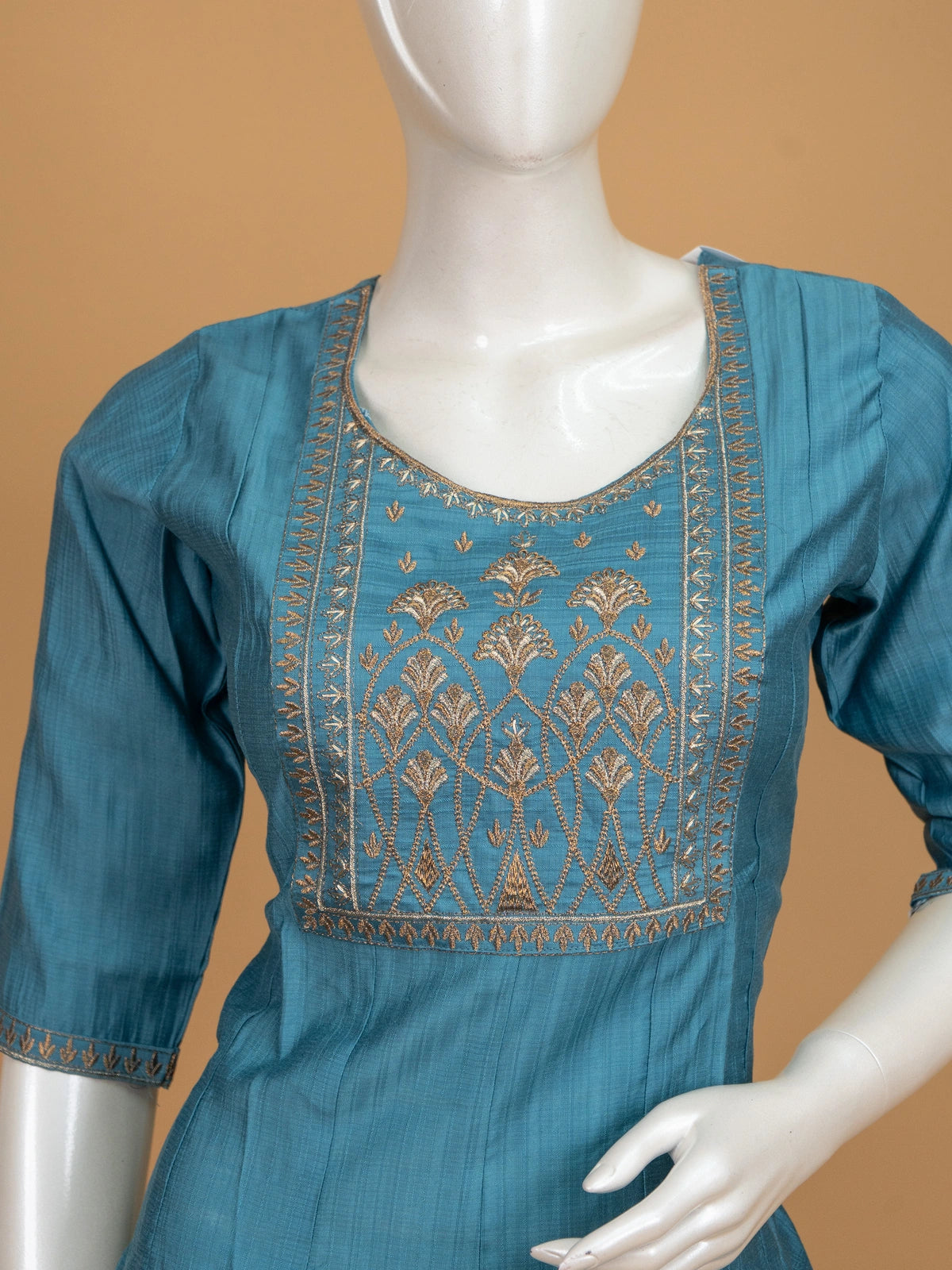 Teal Blue zari embroidered Anarkali kurti top with gold floral yoke work