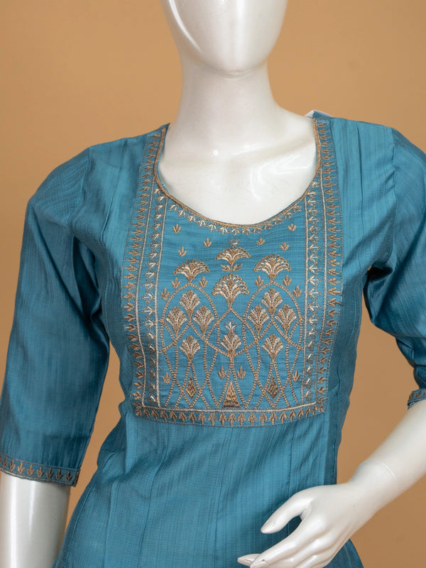 Teal Blue zari embroidered Anarkali kurti top with gold floral yoke work