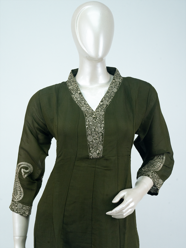 Olive green A-line kurti set with gold zari paisley embroidery, straight pants and matching dupatta