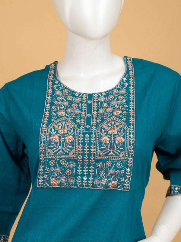 Teal Blue cotton Anarkali kurti top with copper and cream floral embroidered yoke