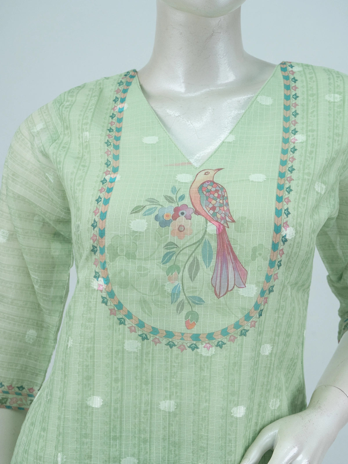 Sage Green bird print Kota cotton straight cut kurti set with pants and dupatta
