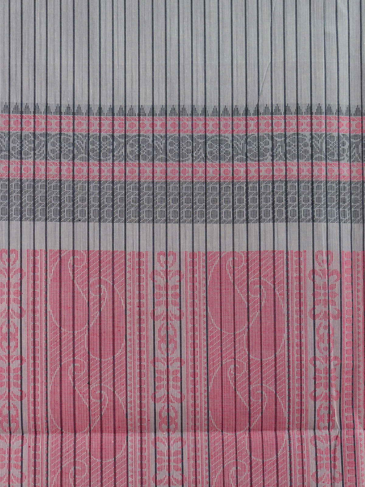 Grey semi raw silk saree with black pinstripes, pink temple border and paisley pallu