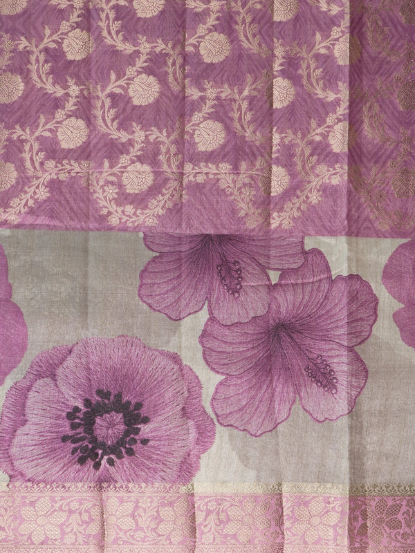 Mauve semi tussar saree with gold zari floral jaal and purple floral printed pallu