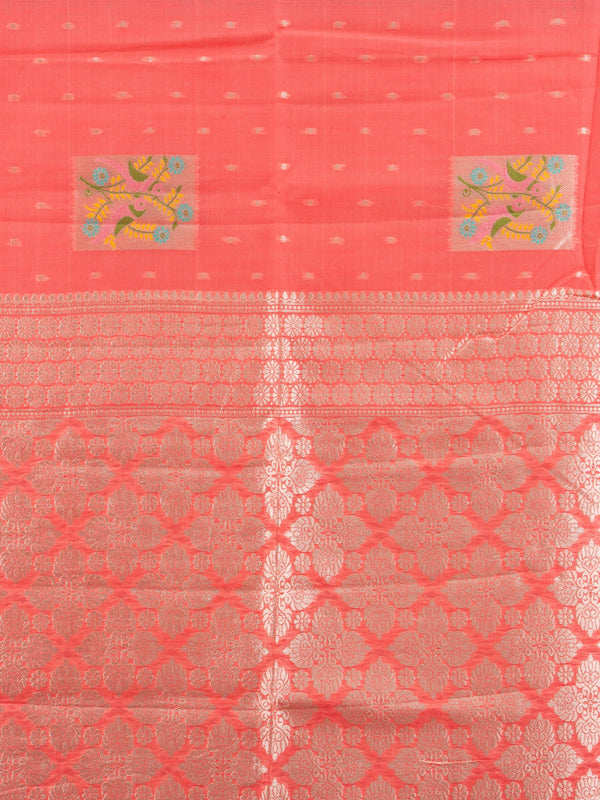 Coral linen cotton saree with silver zari border, floral butti motifs and trellis-work pallu