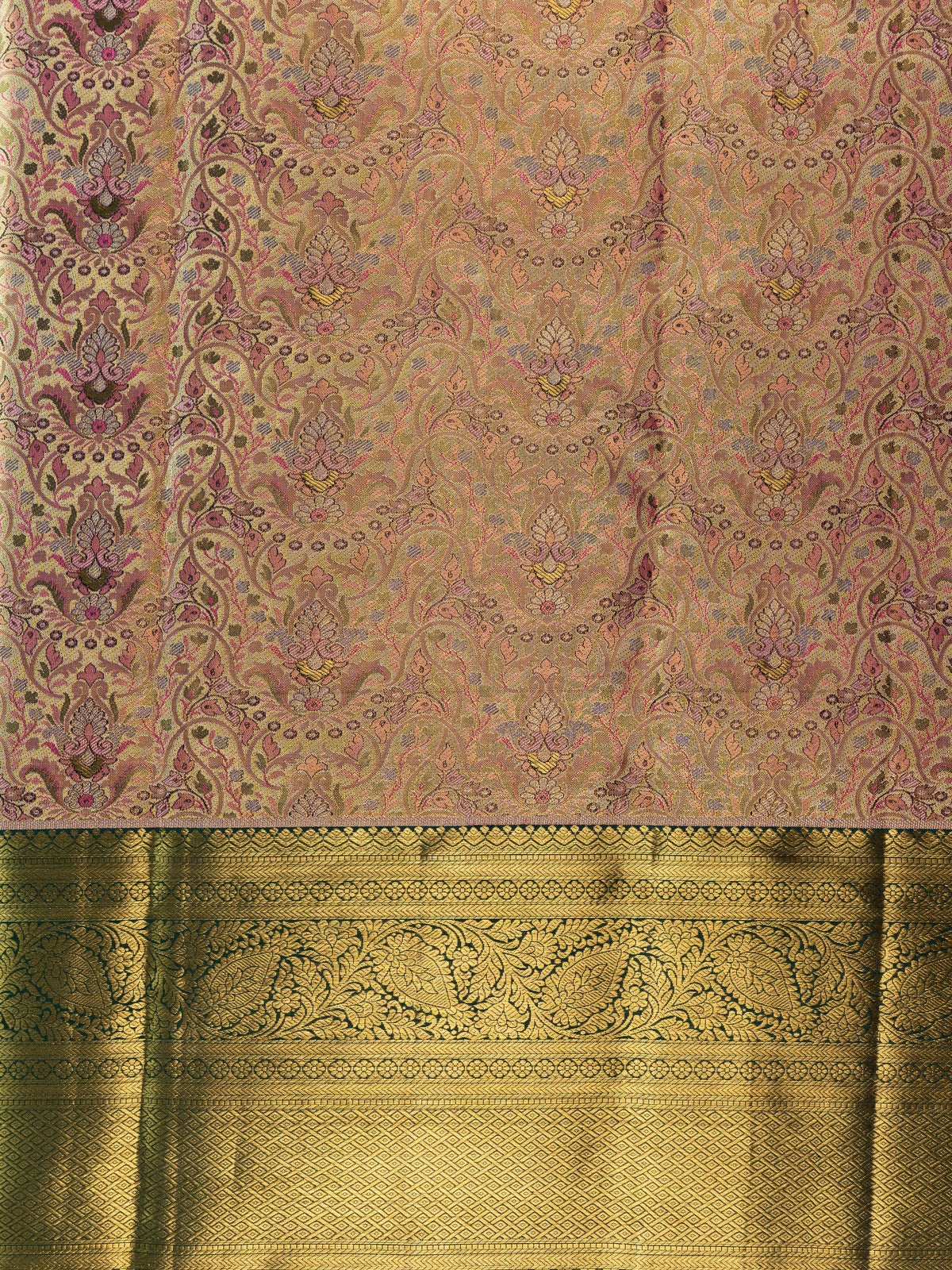 Mauve pink Pure Kanchipuram silk saree with multicoloured floral brocade body and contrast green gold zari border