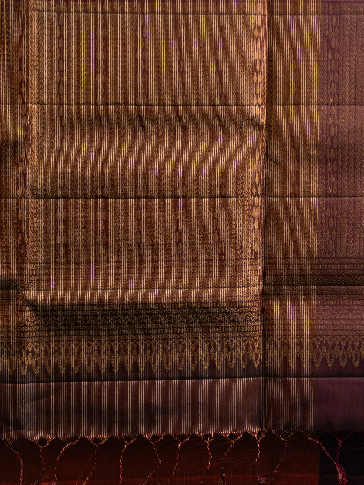 Wine purple pure soft silk saree with rust orange contrast border and gold zari butta motifs
