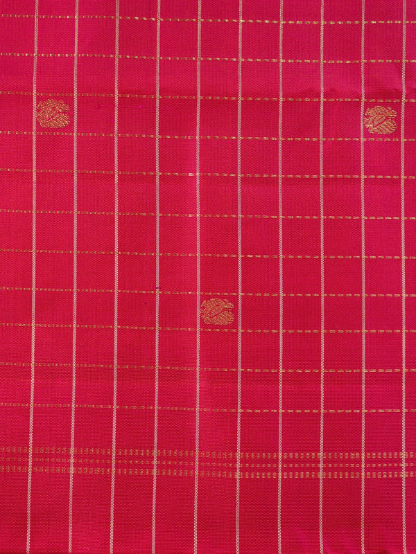 Rani pink pure Kanchipuram silk saree with gold zari checks and contrast border