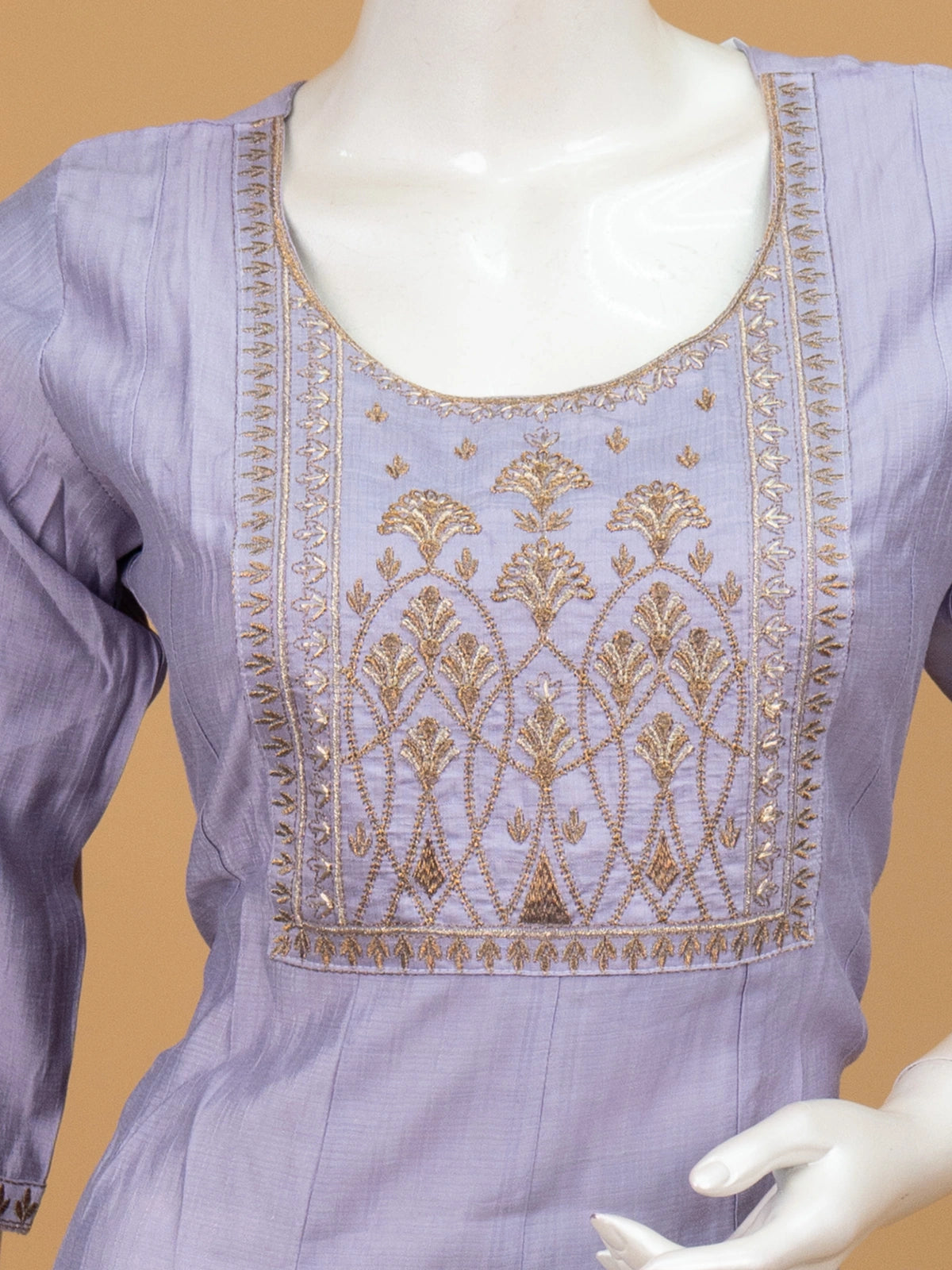 Lavender gold Zari embroidered Anarkali kurti top with round neck and 3/4th sleeves