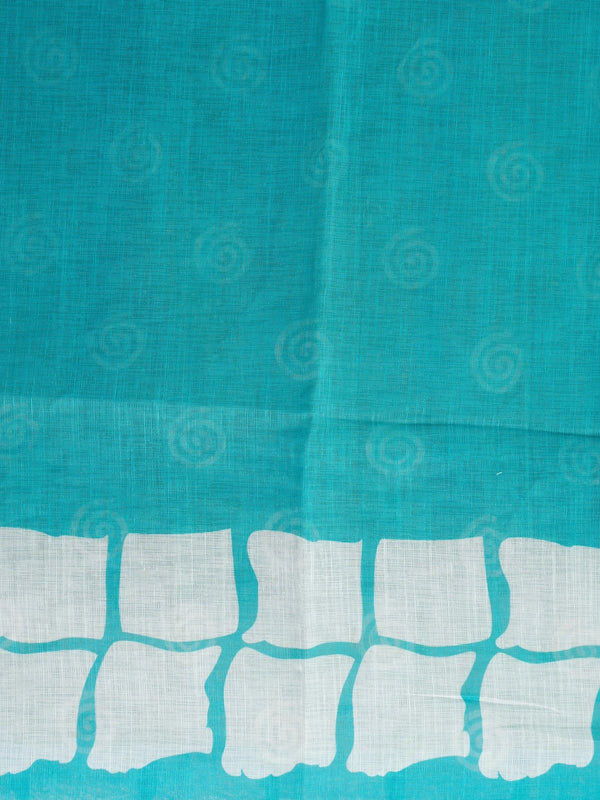 Teal and off-white linen cotton saree with batik grid border and white spiral motifs