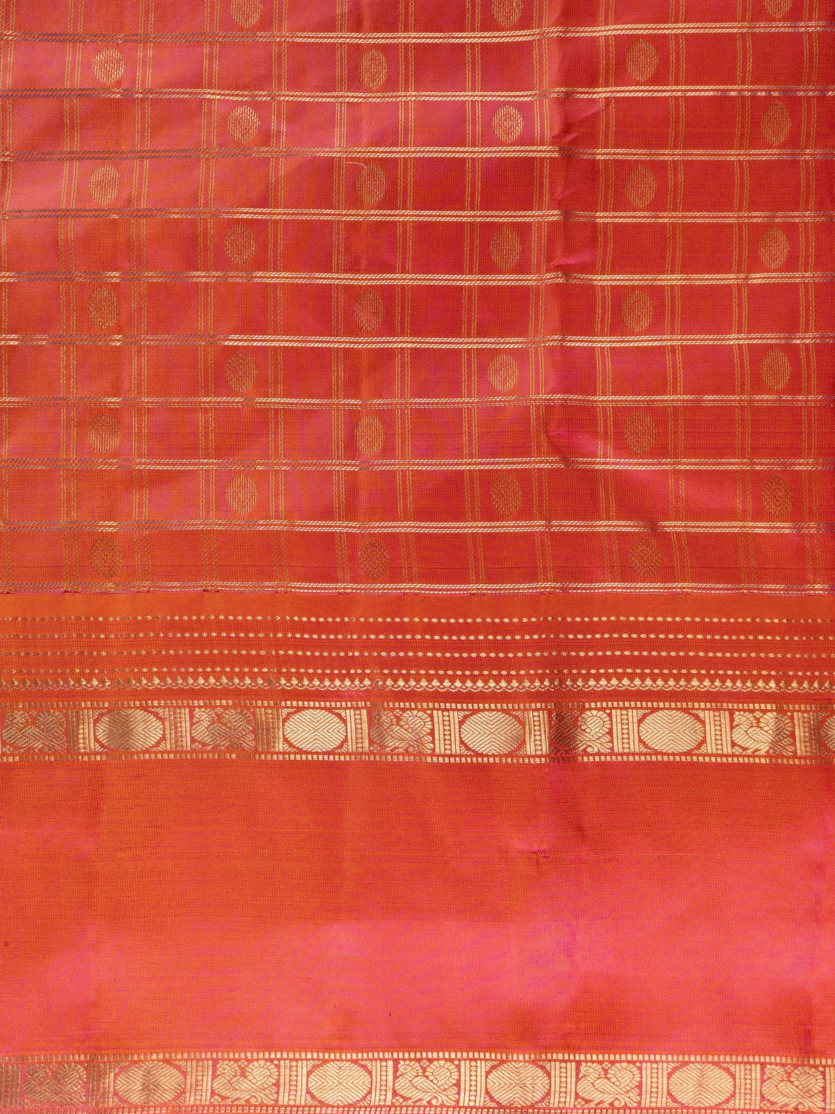 Pink and orange pure Kanchipuram silk saree with gold zari checks and contrast border
