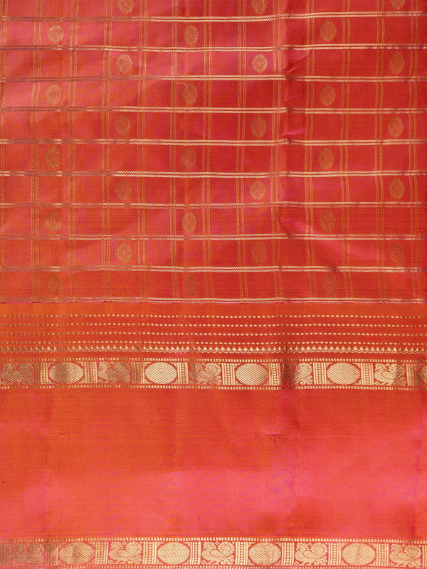 Pink and orange pure Kanchipuram silk saree with gold zari checks and contrast border