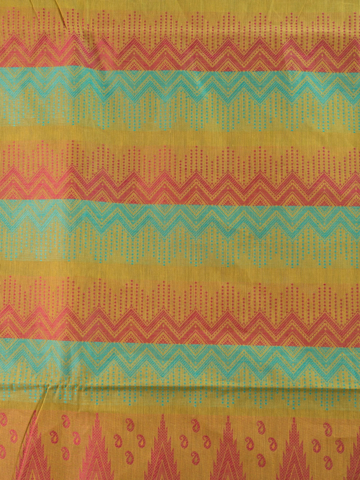 Mustard and pink silk cotton saree with turquoise chevron stripes and floral pallu
