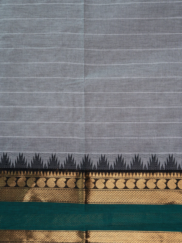 Grey Chettinad cotton saree with fine white stripes and contrast green gold zari temple border