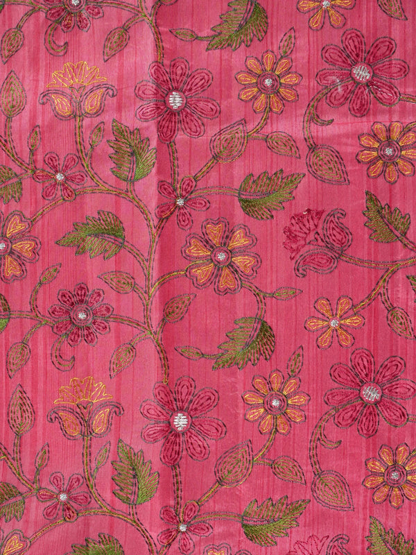 Pink semi tussar saree with multicoloured floral embroidery and contrast yellow blouse