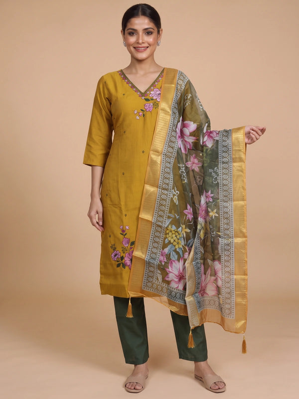 Mustard yellow floral embroidered ready made kurti set with green pants and olive floral organza dupatta