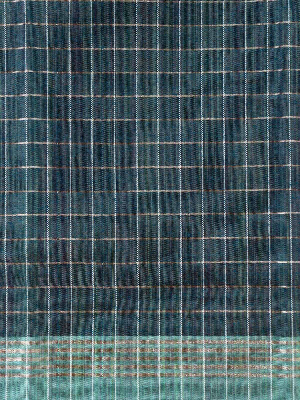 Teal linen cotton saree with white and gold checks, contrast zari border and striped turquoise pallu