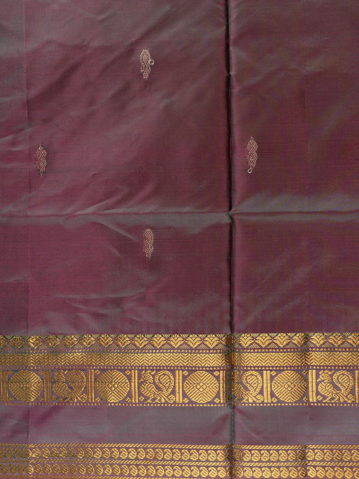 Maroon green banana silk saree with gold zari border and contrast royal blue pallu