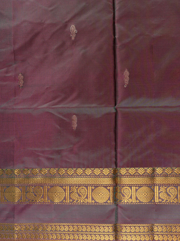 Maroon green banana silk saree with gold zari border and contrast royal blue pallu
