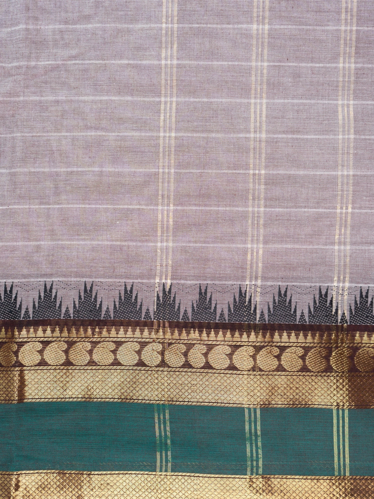 Grey Chettinad cotton saree with white checks and contrast green gold zari temple border