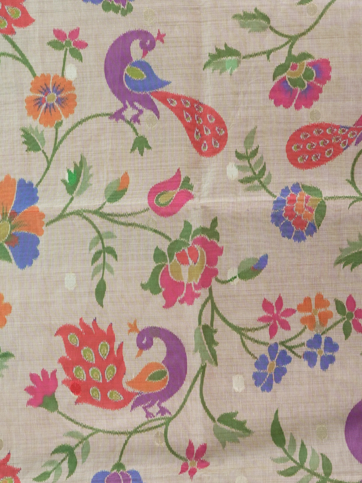 Cream linen cotton saree with multicolour peacock floral weave and red zari border