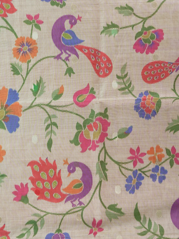 Cream linen cotton saree with multicolour peacock floral weave and red zari border