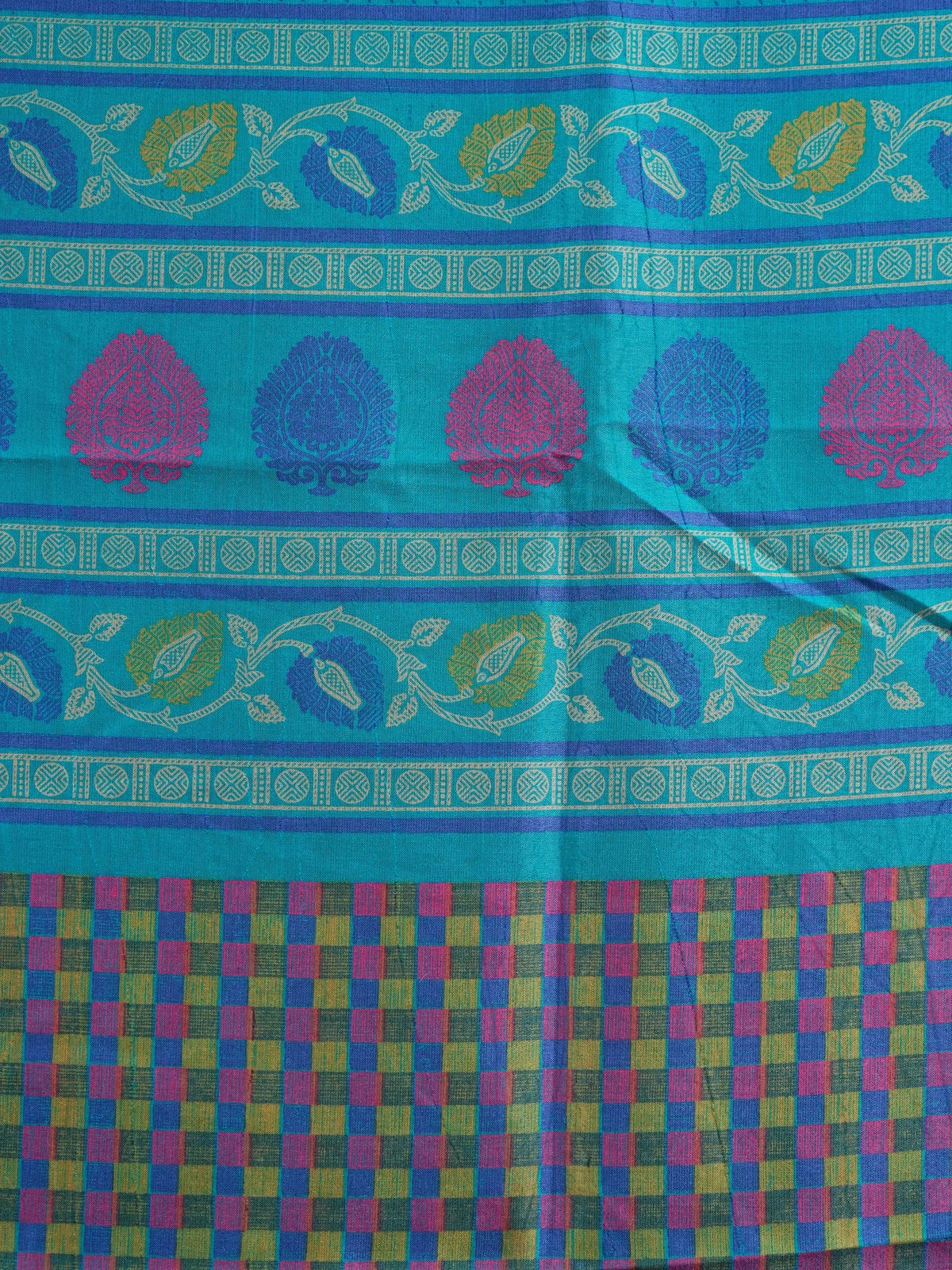 Peacock blue Dola silk saree with contrast multicoloured checked border and patterned pallu